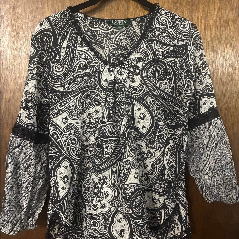 Lauren Ralph Lauren Black and White Paisley V-Neck Tunic